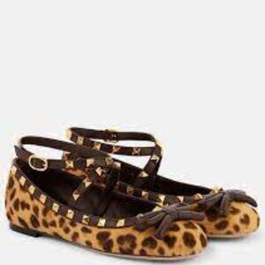 Valentino Rockstud Studded Ankle Strap Ballet Ballerina Flat Shoes Leopard